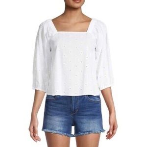 new CHELSEA & THEODORE square-neck eyelet embroidered white cotton top size S